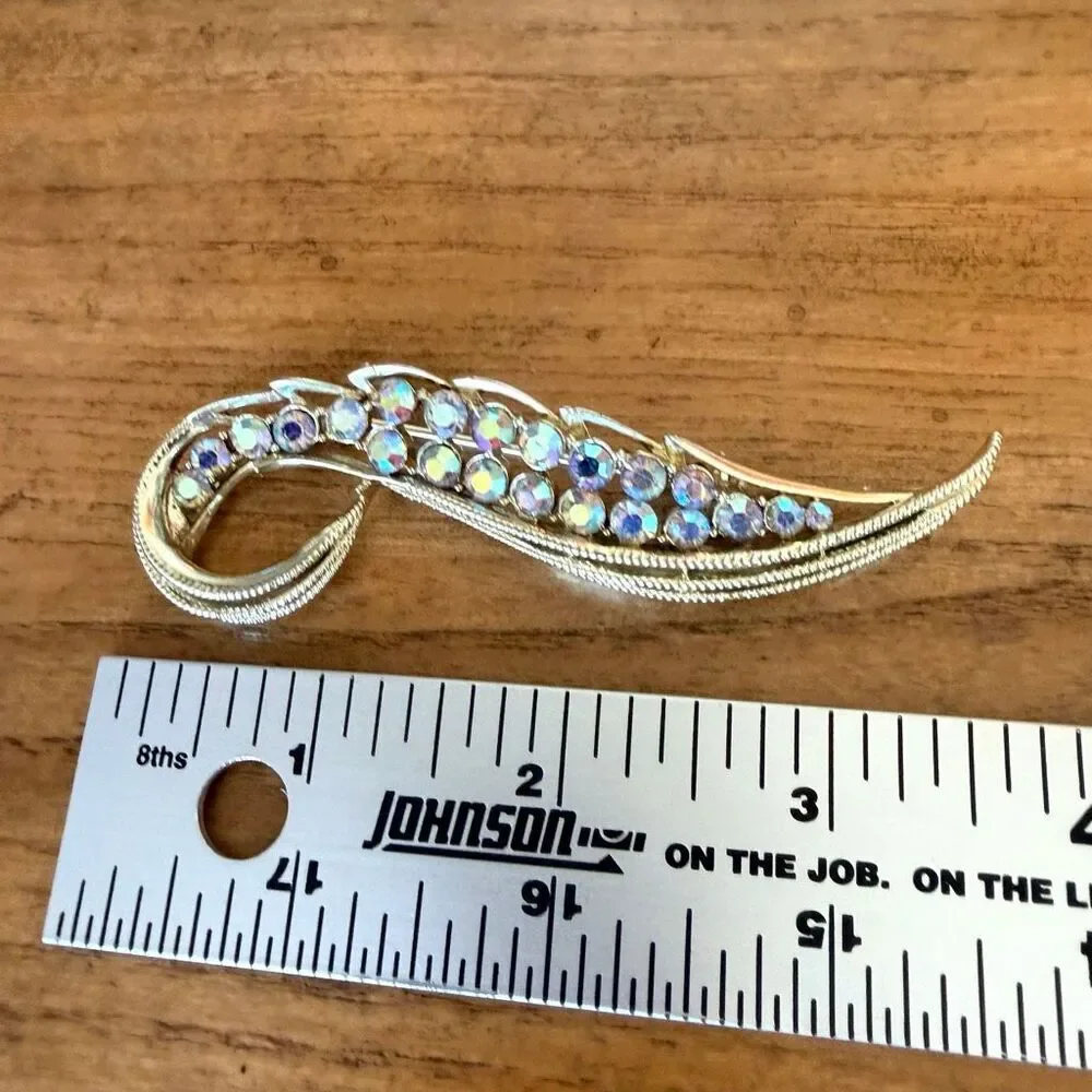 Vintage Aurora Borealis Rhinestone Feather Brooch Pin
